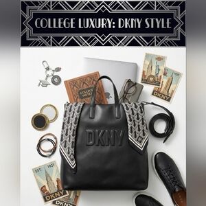 DKNY Black Soft Leather Triple Compartment Silver Hardware